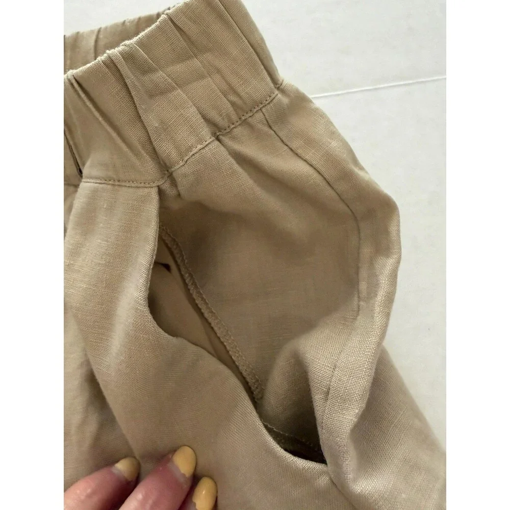 Quince Pants Womens Medium Beige 100% Linen Pull On Elastic Waist Pockets Luxury
